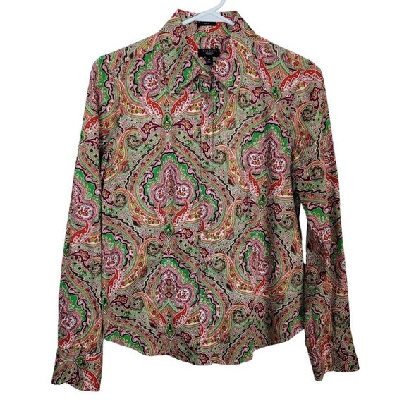 Talbots Petites Multicolored Paisley Button Up Shirt Blouse Sz 8P Stretch Fit - Picture 1 of 10